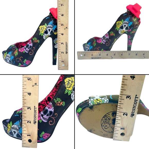 Iron Fist Pin Up Peep-Toe Heels US 6 Goth Witchy Rocker Pink Bow Mexican Skulls - Picture 14 of 16